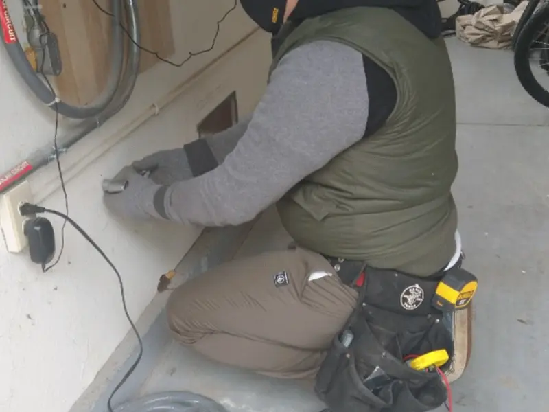 Electrician performing outlet wiring in a Vail garage